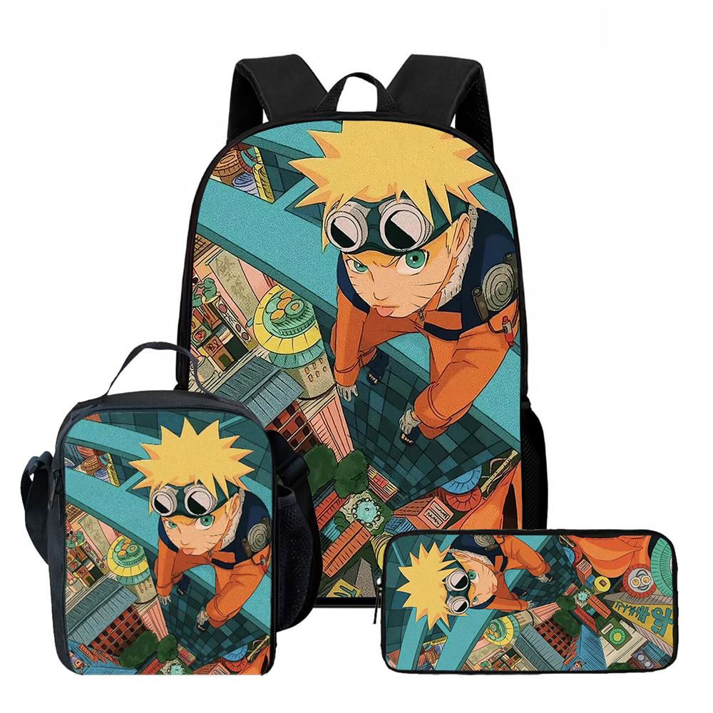 3Pcs Set NARUTO Anime School Rucksack With Front Pocket & Sling Carry Tote & Pencil Bag,Durable&Lightweight,for Boys&Girls Age 6-10