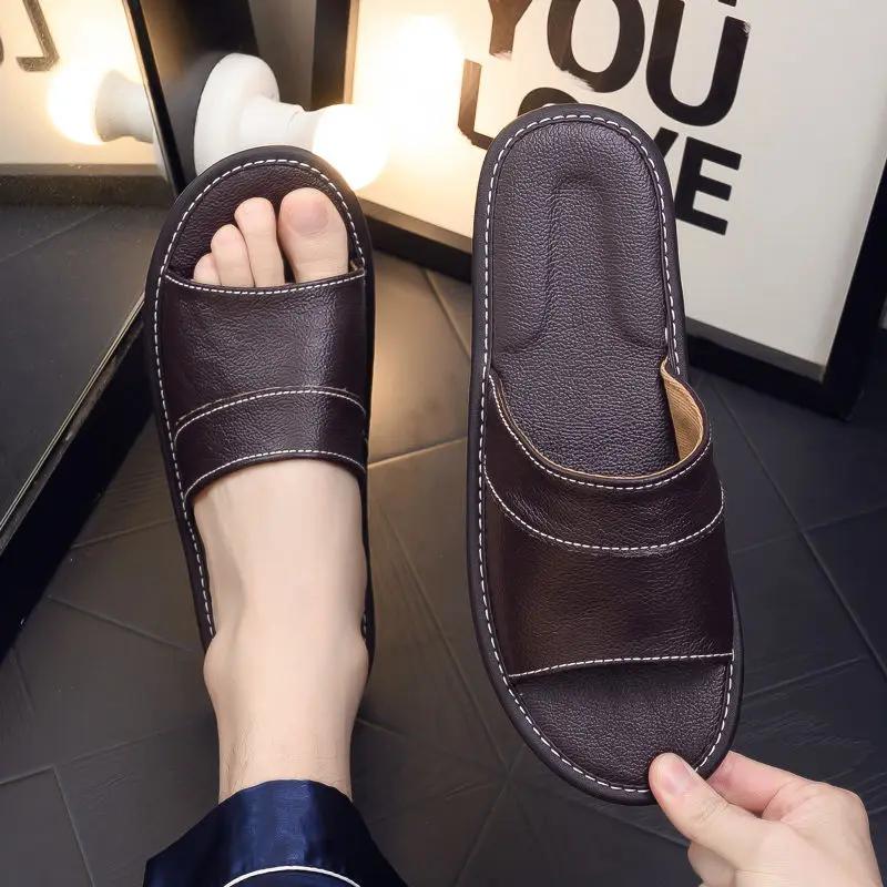 Fashion Walk Around Home Slippers for Men House Indoor Genuine Leathe Soft Shoes Sabot Fun Low Price Summer Sale Adult Y2k Sandals Man