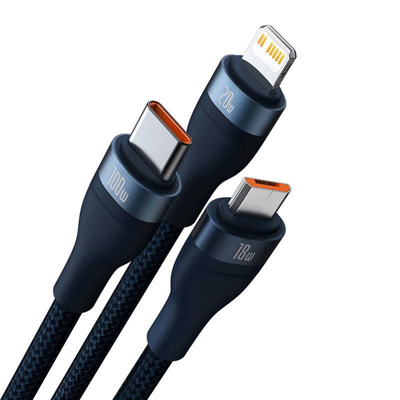 Baseus Flash Series 2 3-in-1 USB Cable, USB-C + Micro USB + Lightning, 100W, 1.2M (Blue)