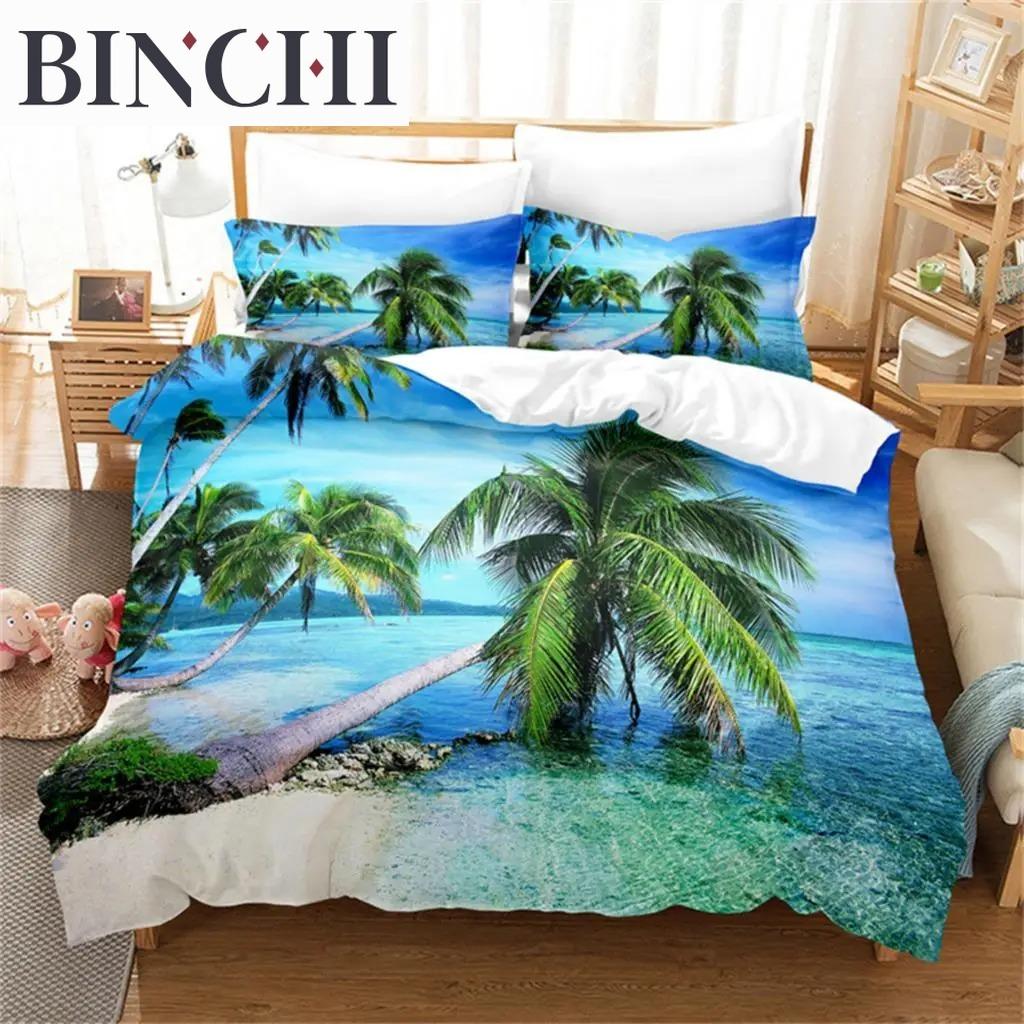 Beach Coconut 3D Tree Duvet Cover Ocean Beach Plants Bedding Collection Comforter Cover Collection For Boy Girls Bedroom Decor Bedding Collections