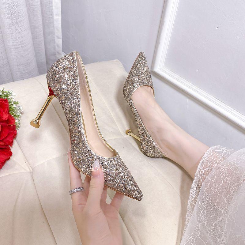 Fashion thin heels high heels not tired feet wedding shoes French bride wedding shoes high sense sequins bridesmaid shoes 2025 new