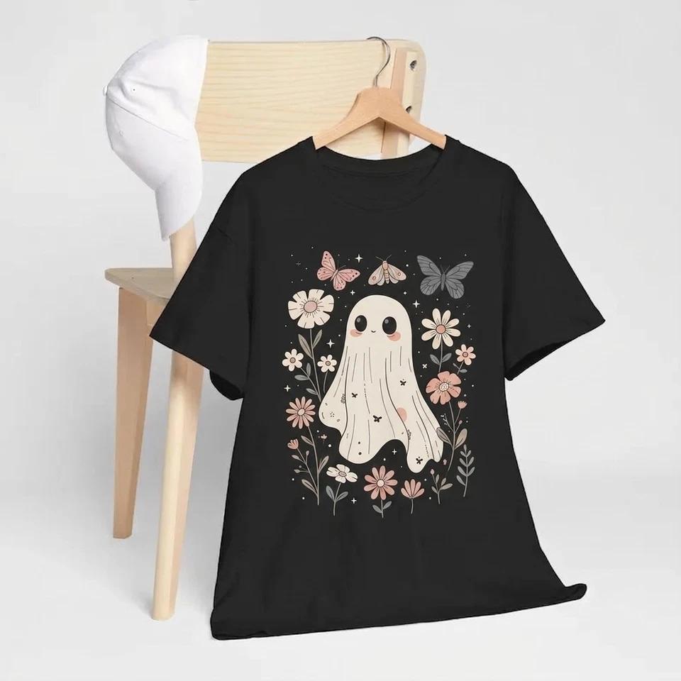 Floral Ghost Halloween Botanical Witchy Black T Shirt, Gift For Fans XL