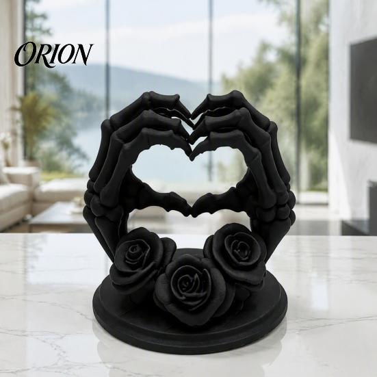 Hand Heart Gesture Sculpture 3D Printed Shape Skeleton Ornament, Gothic Rose Skull Statue Niche Style Art Gifts for Home Decor, Unique Dark