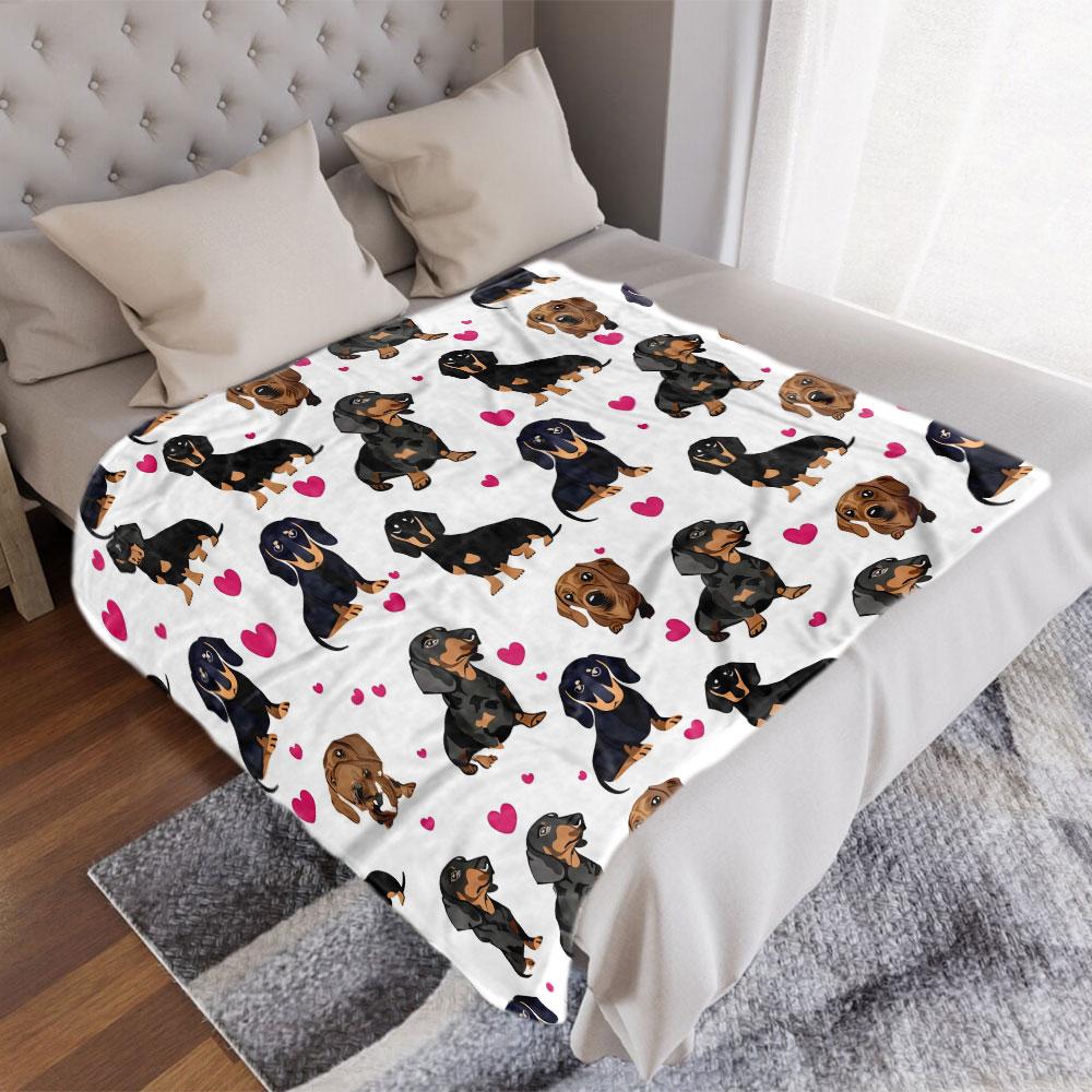 Dachshund & Pink Heart Printed Blanket - Whimsical Cartoon - Style Throw with Black/Tan, All - Black, and Brown/Tan Doxies, P