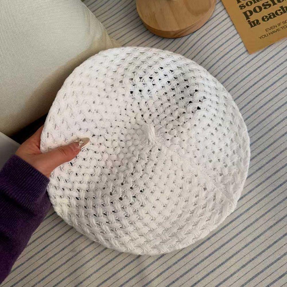 New Solid Color Knitted Beret Hat Stretch Breathable Crochet Painter Cap French Beanie Hat Women Fashion