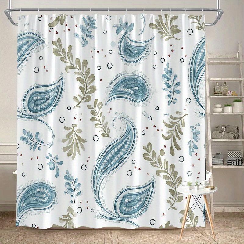 

1Pc Teal Paisley Botanical Shower Curtain - Polyester Fabric, Machine Washable, Suitable For Bathroom Decoration W60H190(CM)-1 Pcs