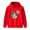 Kids Boys Girls Pullover Hoodie, Cute Gray White Cat with Pink Bow Funny Gun Hand Meme Print Casual Soft Long Sleeve Hooded Sweatshirt for Children Da