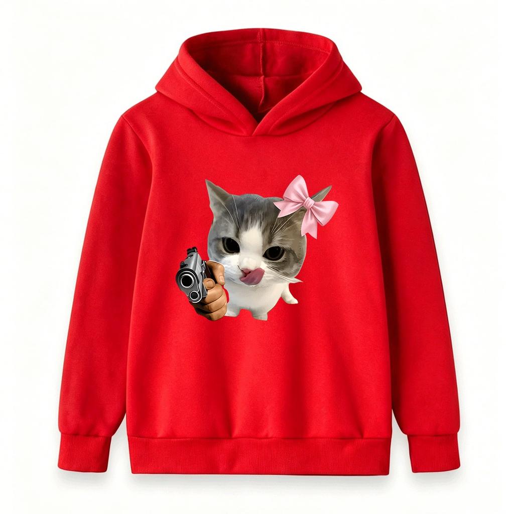 Kids Boys Girls Pullover Hoodie, Cute Gray White Cat with Pink Bow Funny Gun Hand Meme Print Casual Soft Long Sleeve Hooded Sweatshirt for Children Da