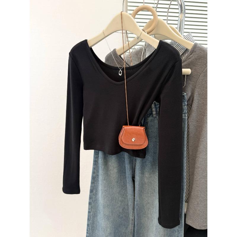 

Реальное фото однотонная футболка с большим вырезом, воротником, плечами и длинным рукавом, женский облегающий короткий базовый топ XL чёрный