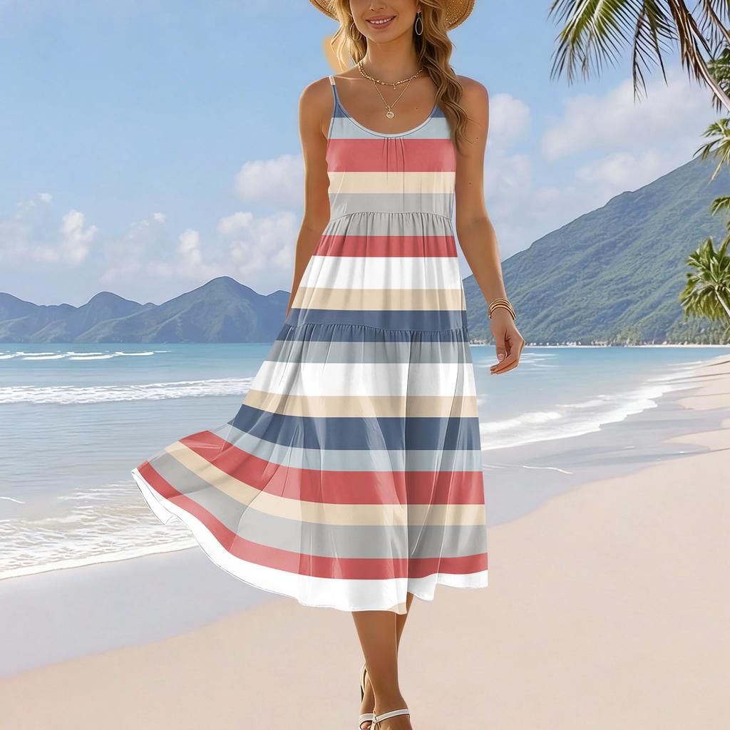 Women's Summer Fashion Printed Pocket Adjustable Shoulder Strap Bohemian Leisure Beach Resort Strap Dress