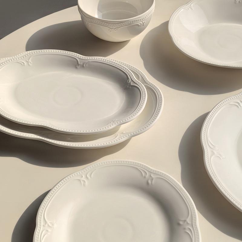 Attitude Life French Light Luxury Pure White Embossed Ceramic Dinnerware Set - Dessert & Western Food Plates.