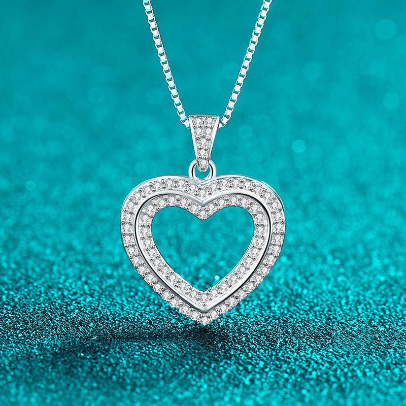 Yin Baichuan S925 Sterling Silver Double Layer Heart Moissanite Necklace for Women - Cute, Sweet, and Exquisitely Gorgeous