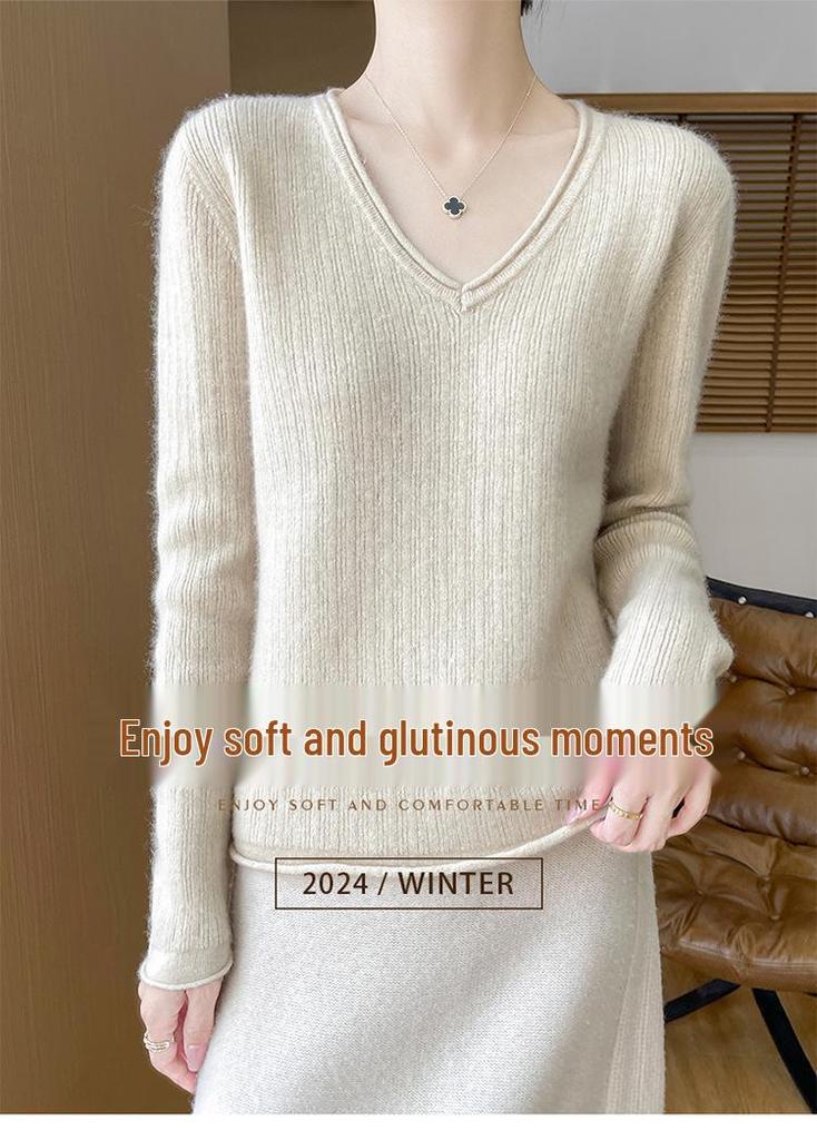 2024 Women's Autumn Winter V-Neck Pure Wool Ruffled Pullover Sweater, Slimming Jacquard Long Sleeve Knit Loose Base Layer.