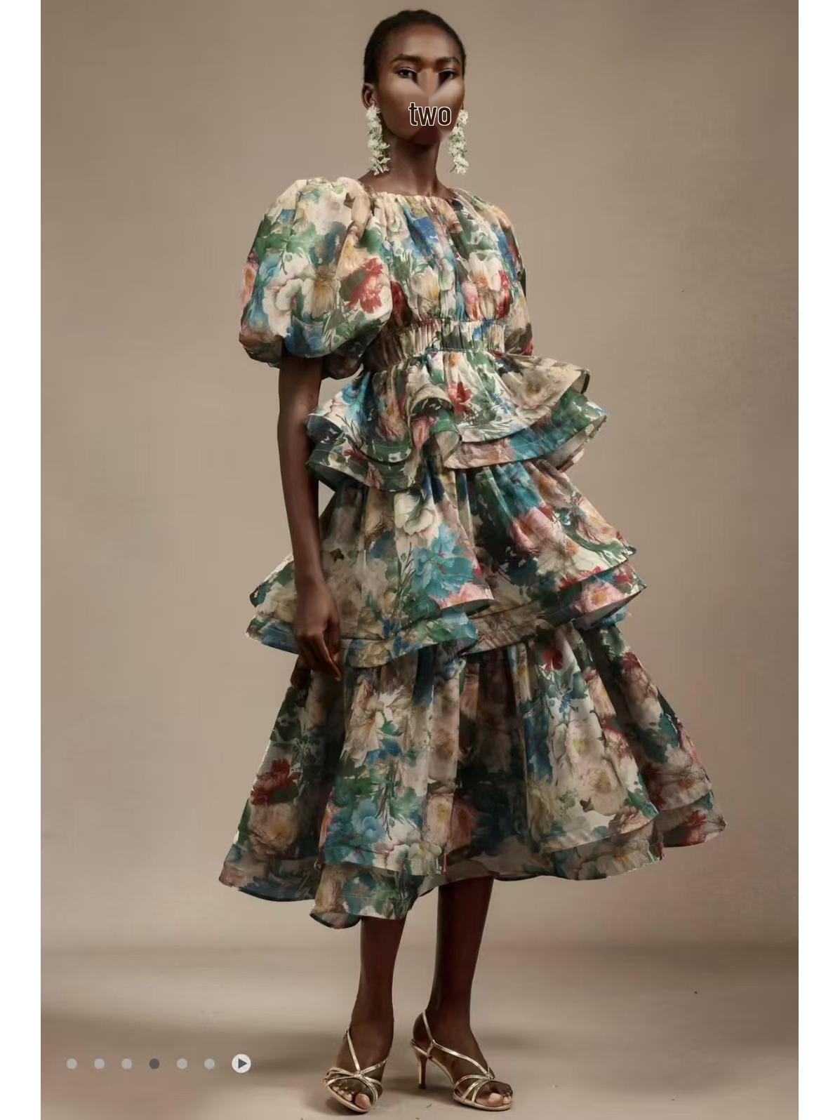 

European & American Plus Size Printed Pleated Dress with African Puff Sleeves & Multi-layer Ruffles XL цветочный
