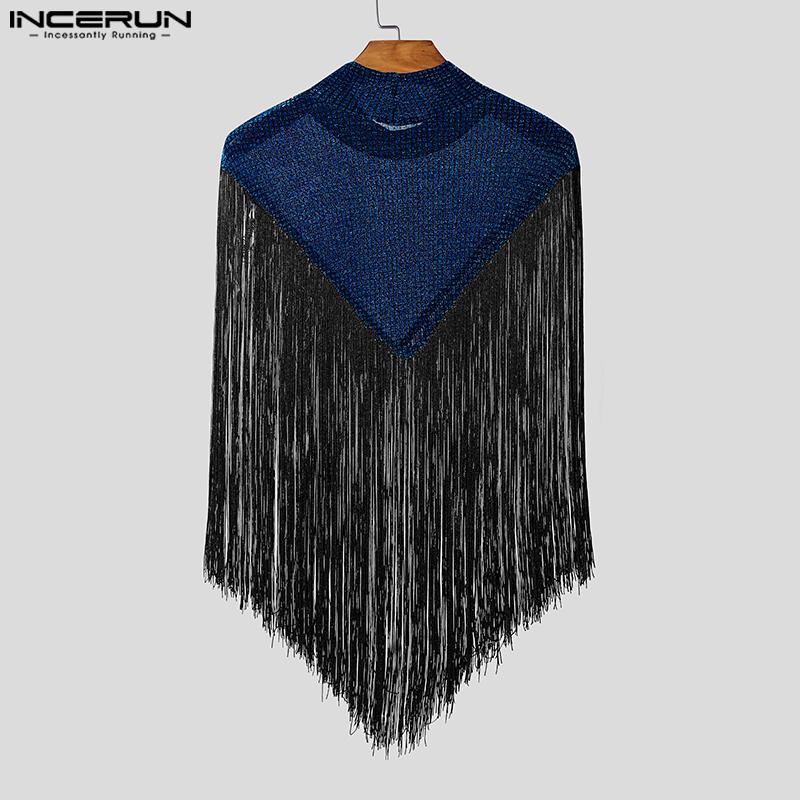 INCERUN Letnie Męskie Wysoki Kołnierz Błyszczące Kratka Frędzle Półprzezroczyste Peleryny Top