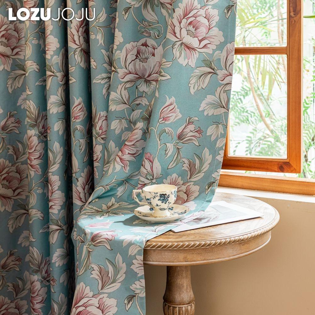 1PC LOZUJOJU American Countryside Style Peony Printed Blue Curtains with Full Blackout Curtains for Bedroom Living Room Balcony Window for Home Decor