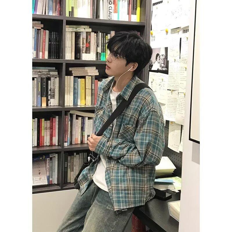 2024 Plaid Long Sleeve Shirt Japanese Hong Kong Style Ins Loose Shirt Boys Summer Trendy Versatile Casual Coat