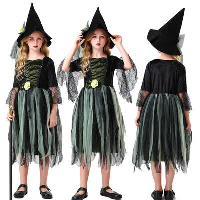 New Children's Witch Vampire Dress Mesh Dress Purple Green Dress with Hat Stage Performance Dress