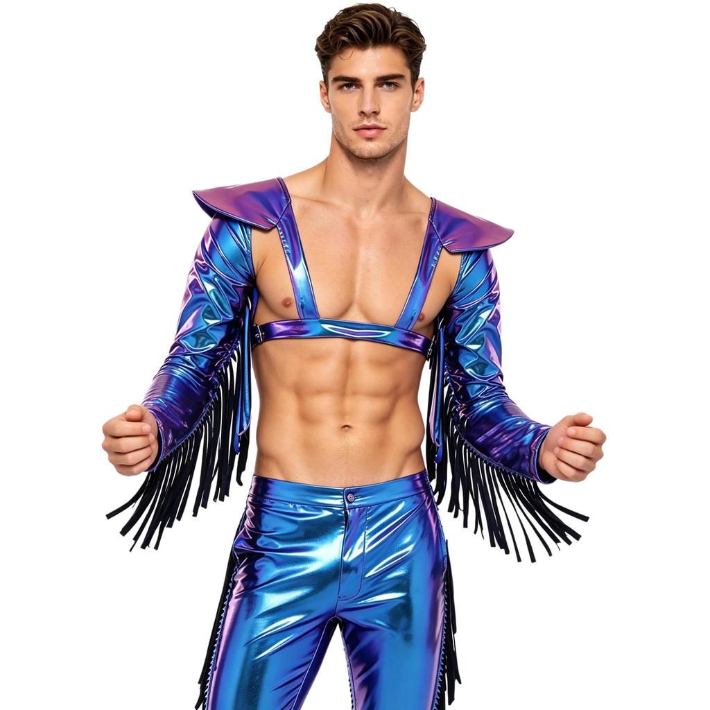 M-3XL Men Metallic Shiny Fringed Arm Sleeves Long Sleeve with Tassels Structured Epaulet Adjustable Chest Harness Club Party Crop Top
