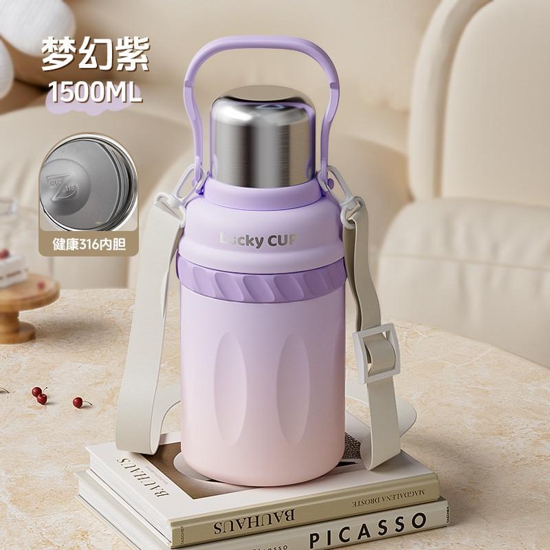 Large Capacity Vacuum Insulated Stainless Steel Water Bottle Women 800-1500ml Triple-Lid Design Portable Travel Cup