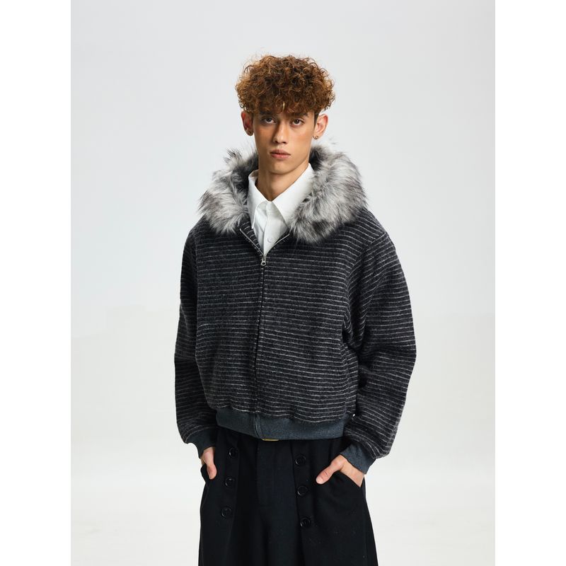 Cabbage Coke American Retro Knit Sweater with Fur Collar Jacket for Men and Women, High-End Casual Niche Striped Sweatshirt for Couples