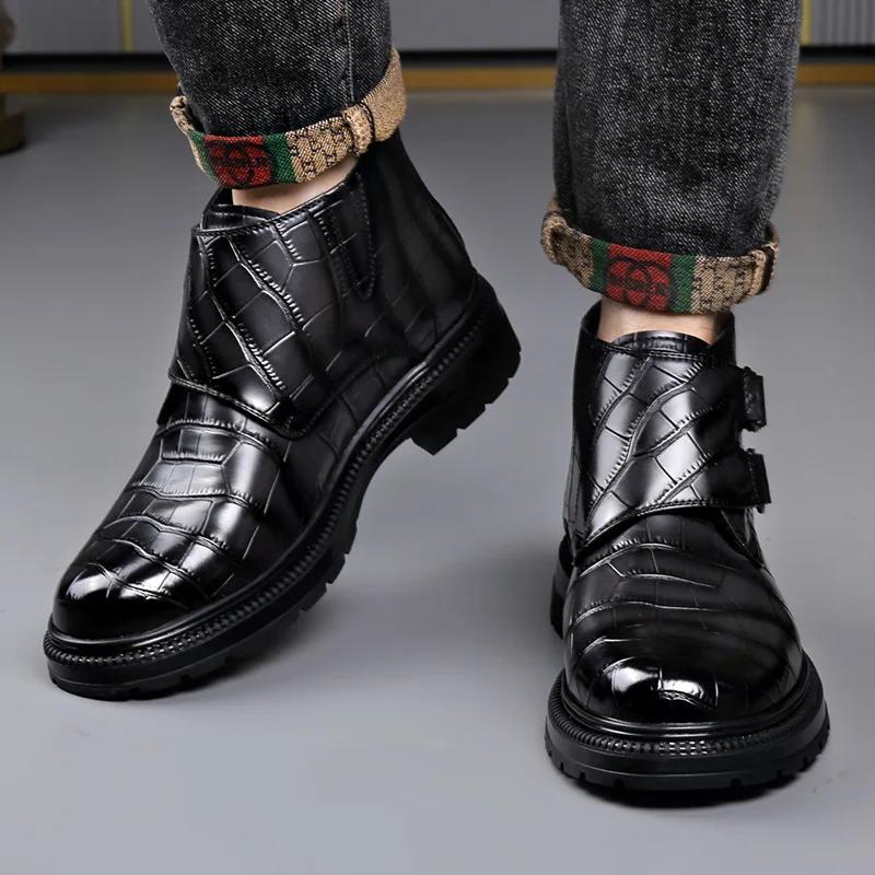 Autumn Winter Buckle Designer Ankle Boots for Men Stone Pattern Leather Shoes Male Fashion Casual British Style Chelsea Boot Man