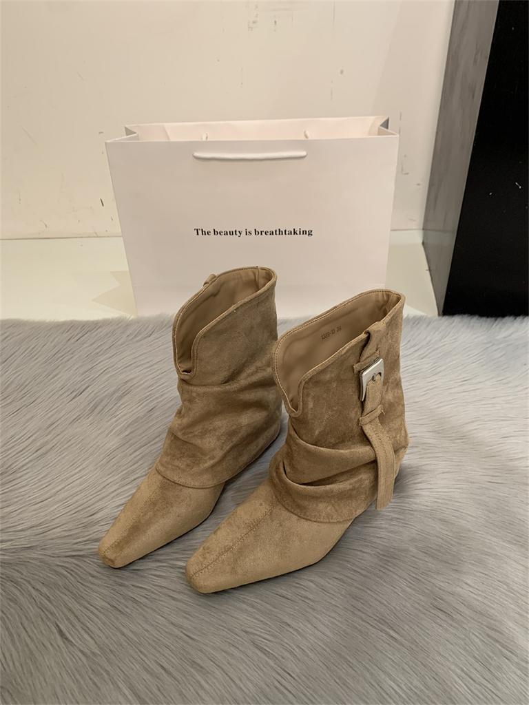 Retro Square Head Western Cowboy Boots Short Boots Women's Autumn and Winter Belt Buckle Niche Inner Height Increasing Spice Girls Pant Pants Boots