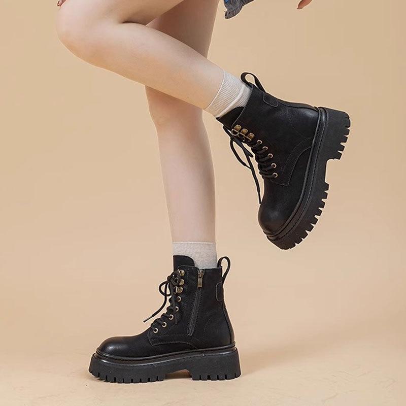 Rhubarb boots retro motorcycle boots British style women's autumn and winter new item thick sole