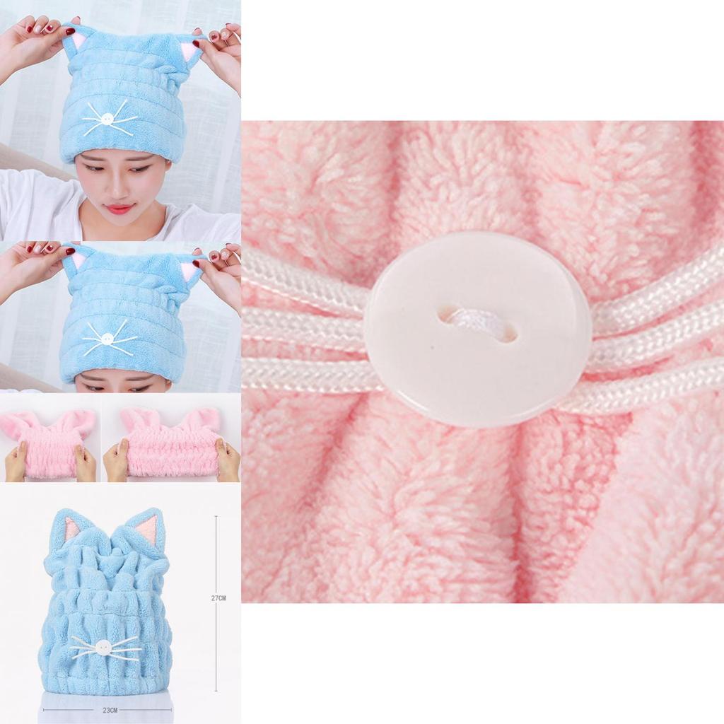 Adjustable Hair Drying Cap Hair Wrap Towel Featuring Cute Cat Ears Design**