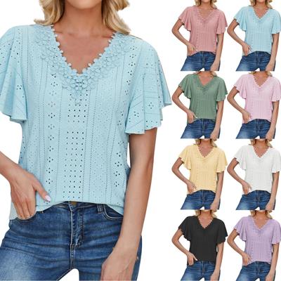Damen Lässiges Mode Sexy Spitze V-Ausschnitt Rüschenärmel Einfarbiges T-Shirt