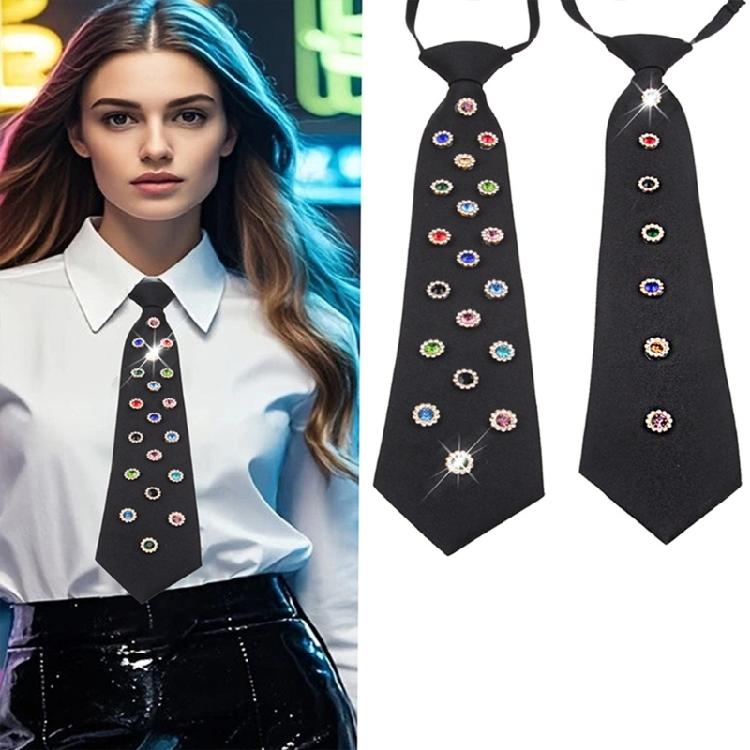 Adjustable Two-Level Necktie Sparkling Crystal Flower Pattern Lightweight Polyester For Daily Wear