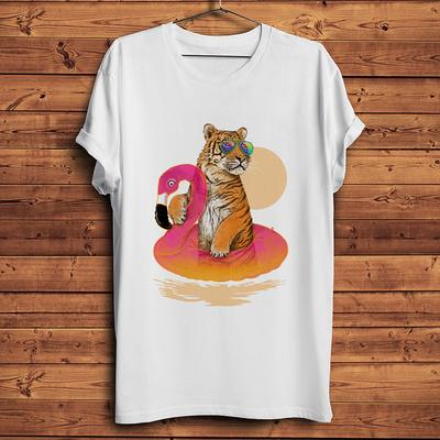 Chillin Tiger On Flamingo Funny Chill Tshirt,Men Summer White Short Sleeve Casual T-Shirt Homme