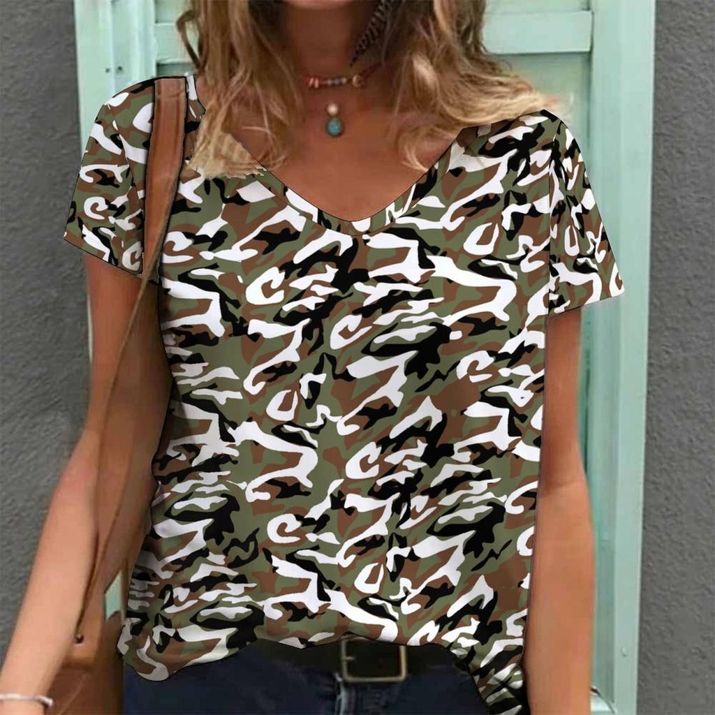 Women Print V Neck Short Sleeve Casual Loose Tunic Tops