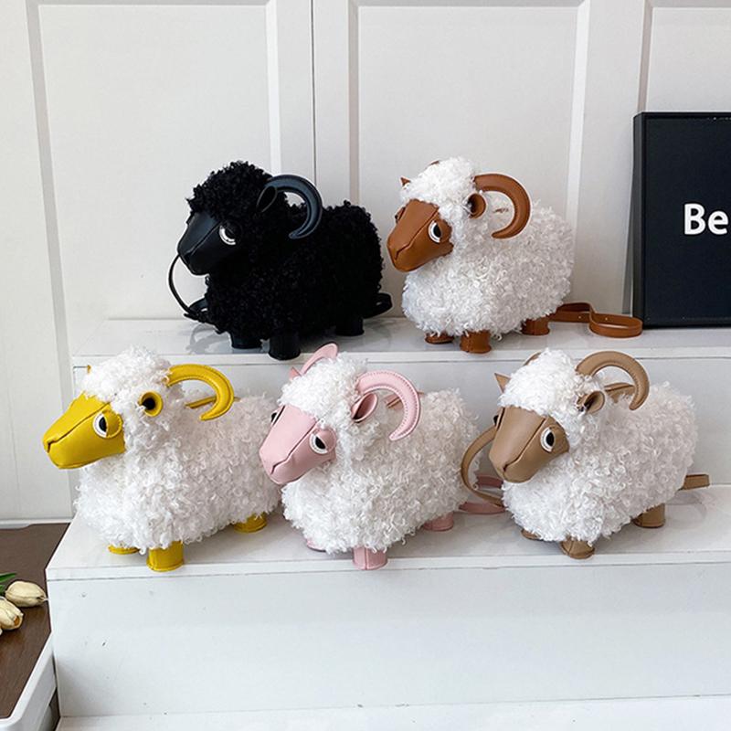 Lamb Shaped Plush Crossbody Bag Fluffy Curly Fur Texture With Faux Leather Details Kawaii Cartoon Style Women Cute Shoulder Bag