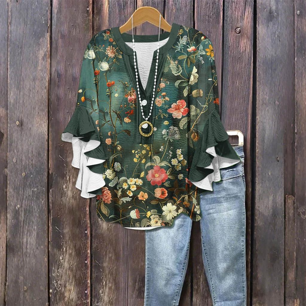 Women's Fashion Casual Button V-Neck Seven Sleeve Vintage Printed Shirt Top
