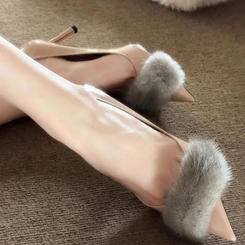 Women High Heel Shoes Fur Slippers Mules Pointed Toe Furry Slides Fashion Elegant Luxury Designer Flip Flops Office Pumps
