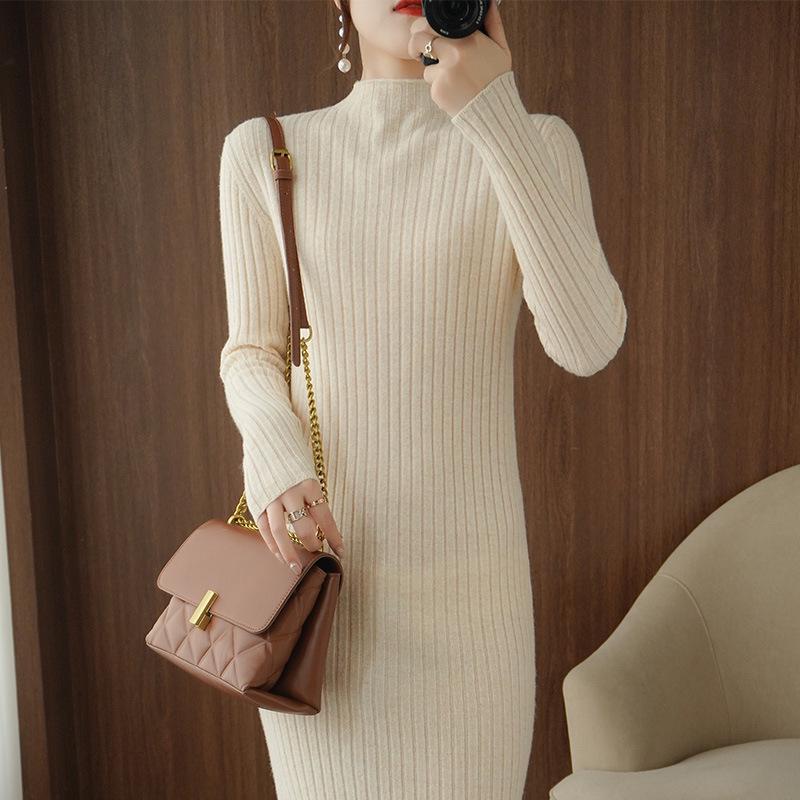 Women's Slim-Fit Knit Sweater Dress - Mid-Length, Over-the-Knee, Half-High Neck, Long Sleeves, Warm Inner Wear, New Style.