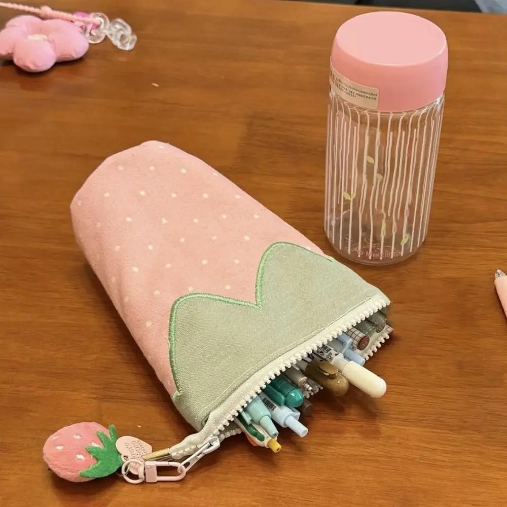 Cute Strawberry Pen Bag Foldable Large Capacity Pencil Holder Cylindrical Stand Up Cartoon Pencil Case Students Supplies