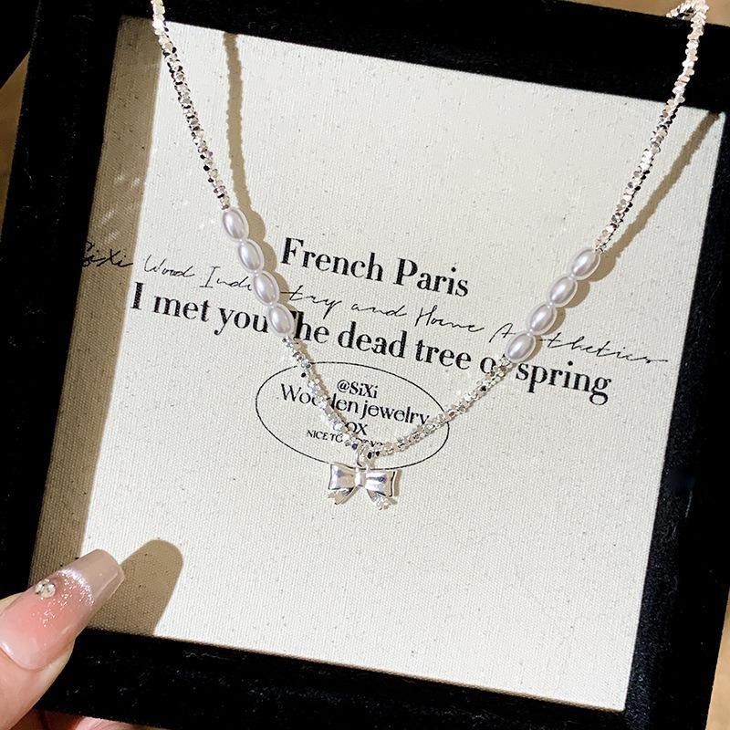 Ballet Style Bow Pink Diamond Broken Silver Necklace Women's New Super Fairy Sweet Niche Temperament Collarbone Chain Neck Chain