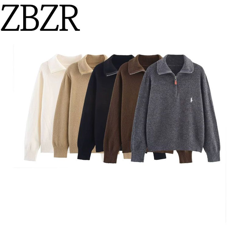 Za New Arrival Women's Clothing ZR Fashion Style Export Fashion All-Match Minimalist Embroider Zipper Pullover Knitwear