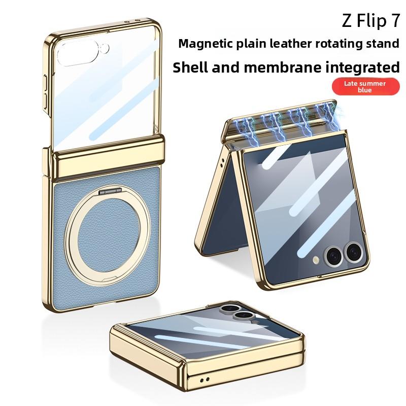 For Samsung Galaxy Z Flip 7 Case Luxury PU Leather Skin Hinge MagSafe Magnetic Ring Stand Protect Back Cover For Z Flip7 Shell