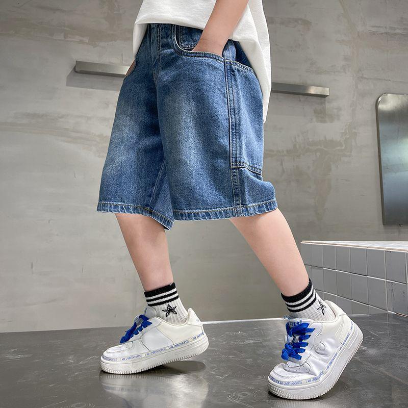Summer Teenager Kids Shorts Young Boys Loose Denim Pants Tween Children Straight Washed Jeans Shorts Fit 12-13 Years
