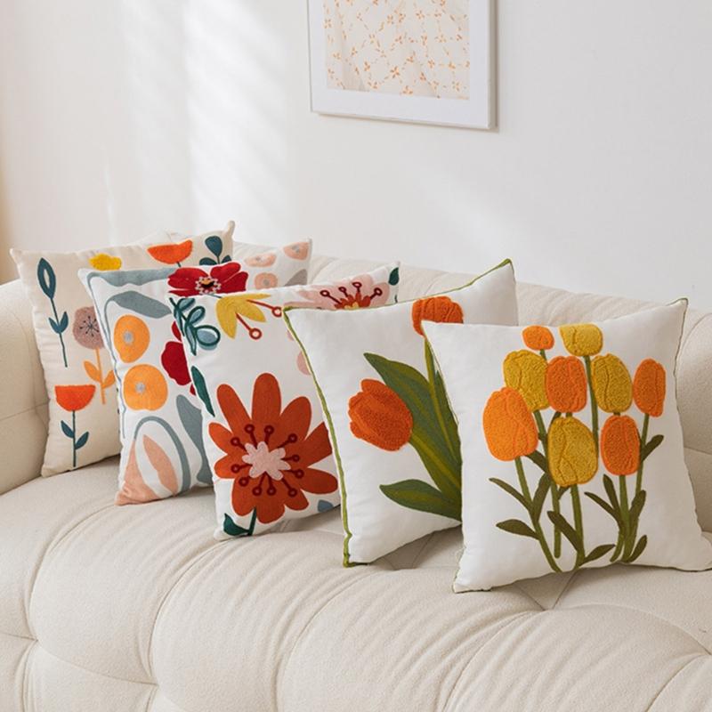 Pillowcase Floral Embroidery Cushion Case Features Vibrant Flower Patterns For Living Room Or Bedroom Decoration