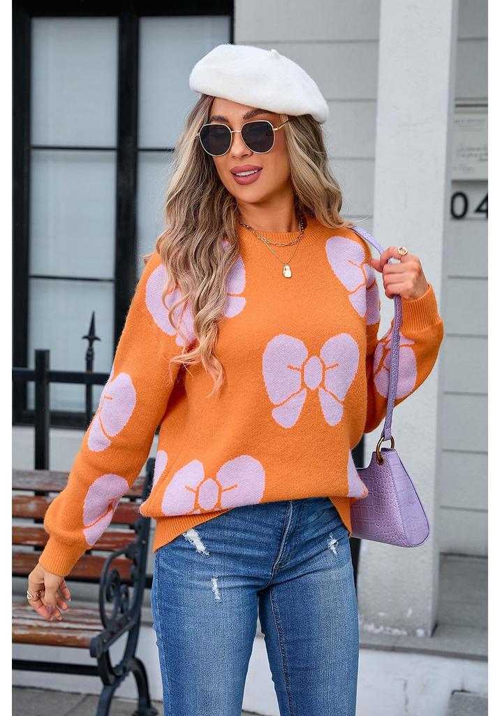2026 Spring Women's Plus Size Bowknot Loose Sweater Pullover Knitwear