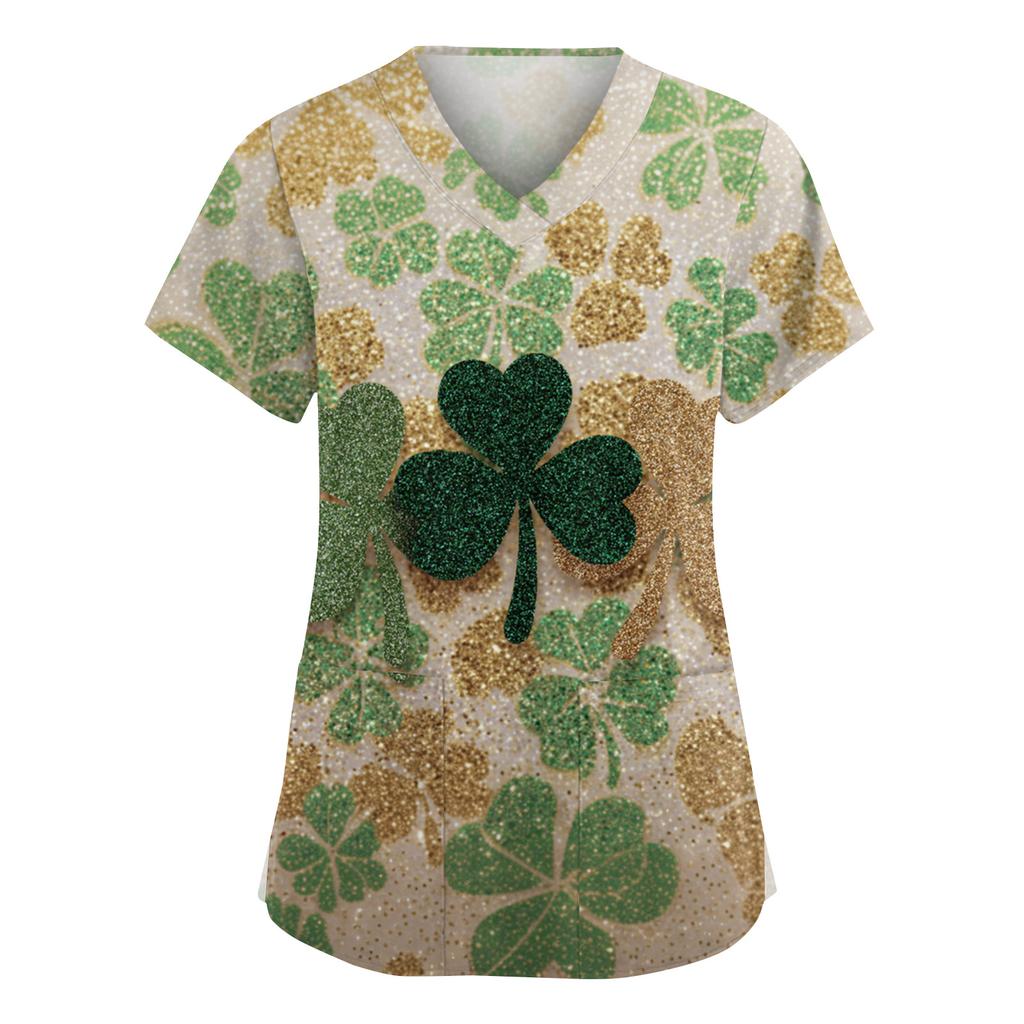 Women's Fashion V-Neck Short Sleeve Overalls With Pockets  Print Tops  Clothes