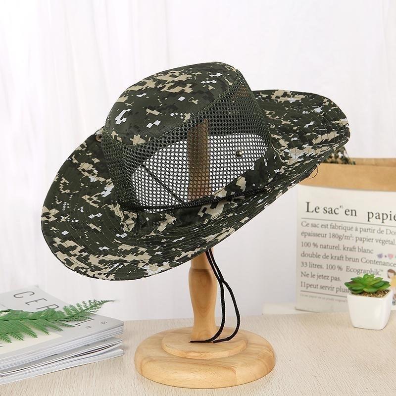 Men's Camo Mesh Sun Hat Wide Brim Breathable Bucket Hat UV Protection Outdoor Fishing Cap
