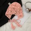Hand Crocheted Openwork Floral Tassel Beanie Hat Women Lightweight Breathable Knit Cap