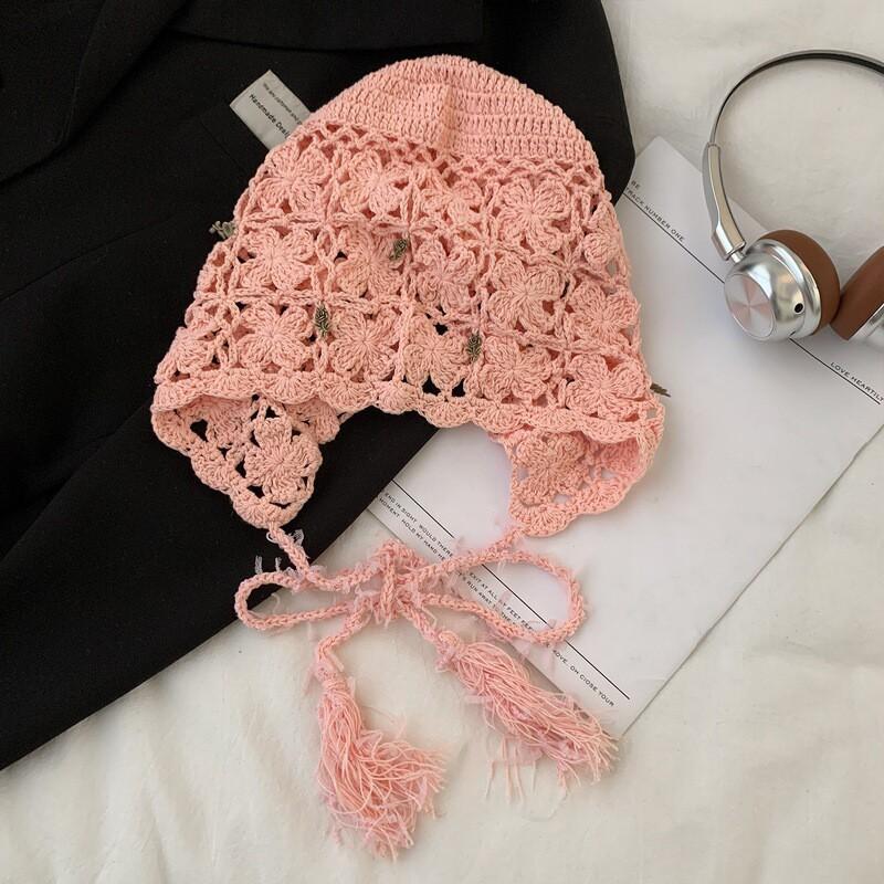 Hand Crocheted Openwork Floral Tassel Beanie Hat Women Lightweight Breathable Knit Cap