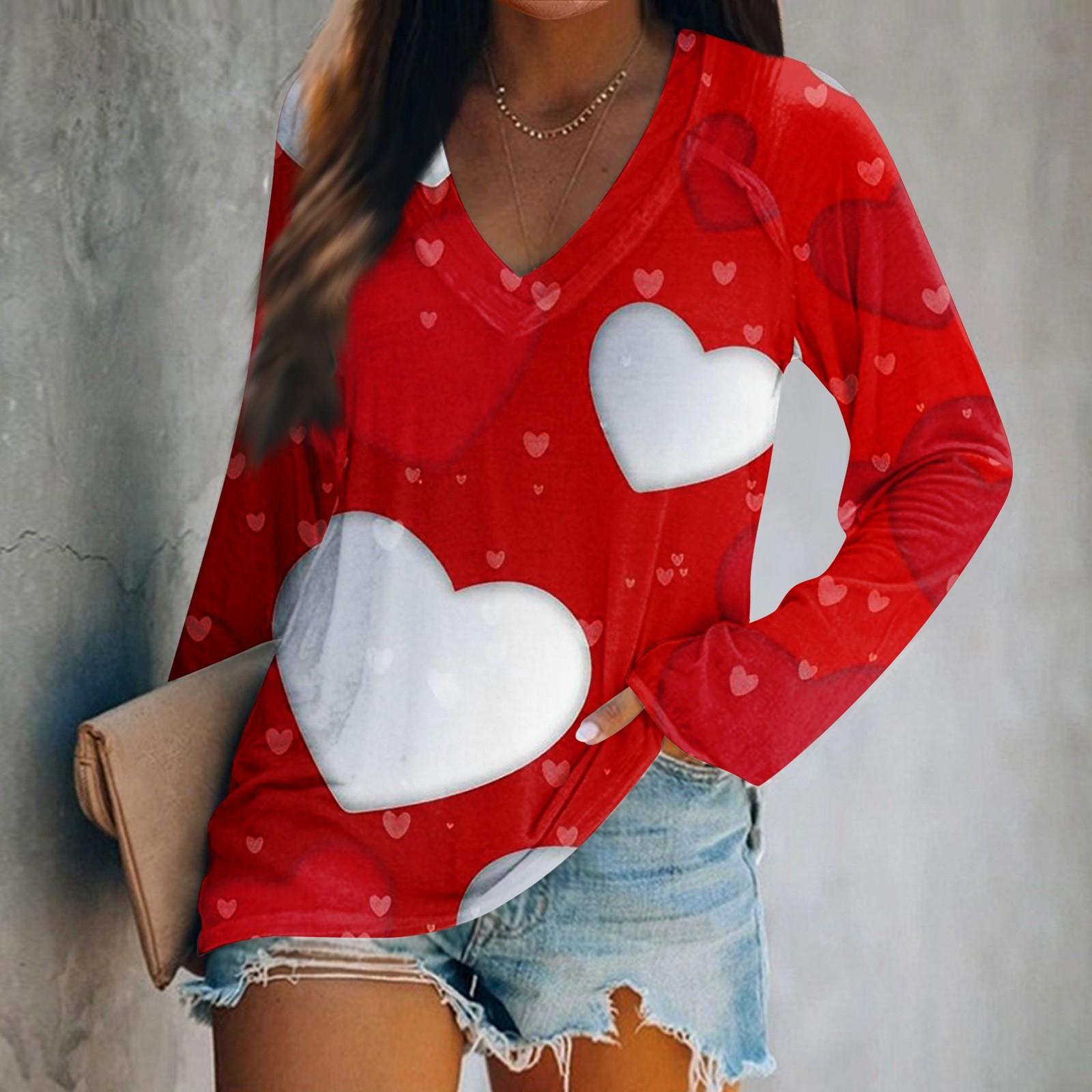 

Женская футболка с длинными рукавами и V-образным вырезом с принтом ко Дню святого Валентина. Повседневный и удобный топ XL красный