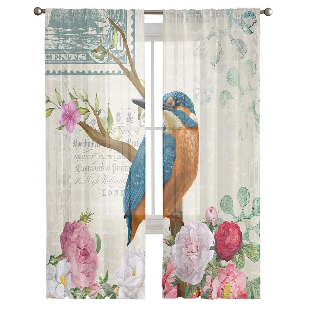 Vintage Flower Kingfisher Tulle Curtains for Living Room Kitchen Bedroom Sheer Tulle for Cafe Hotel Modern Home Decor